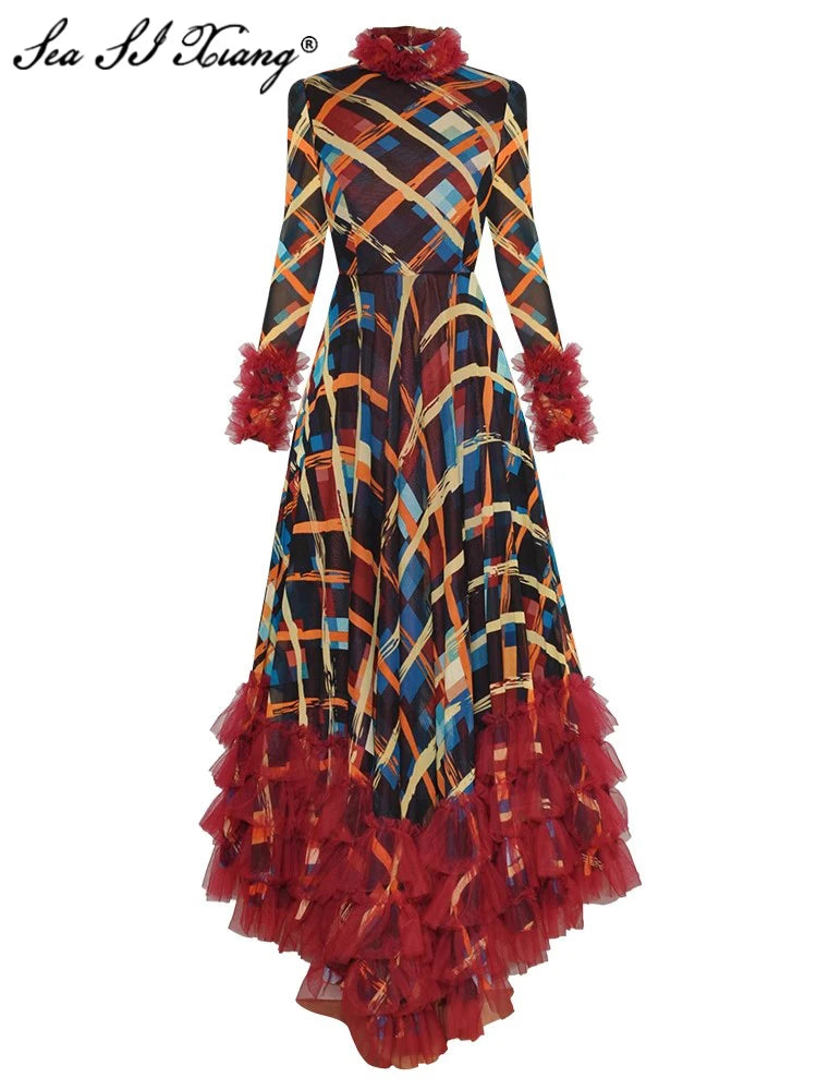 Asymmetrical High Collar Long Sleeve Plaid Print Ruffle Elegant Maxi Dress