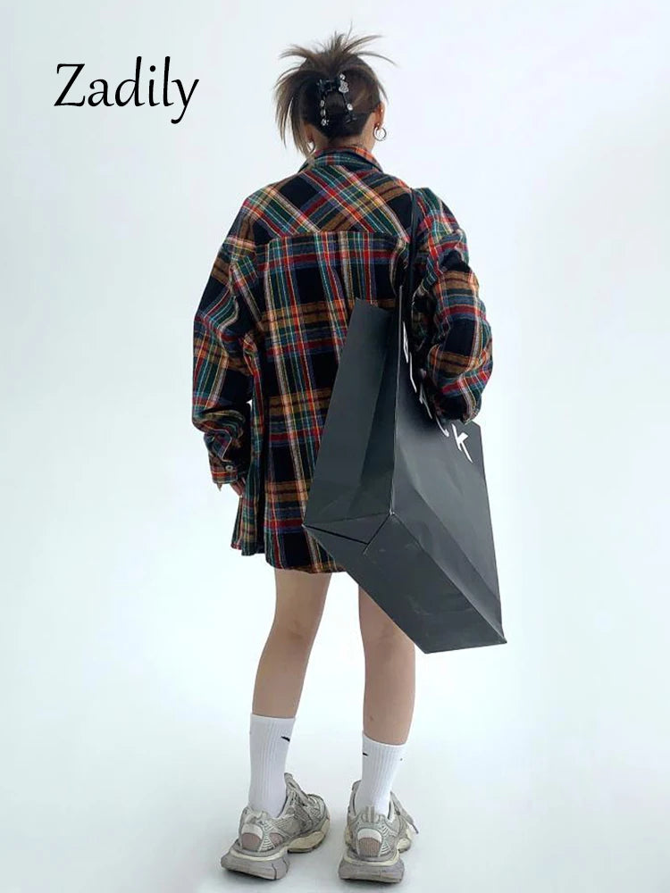 Plaid Long Shirt oversized embroidery Button Up Blouse