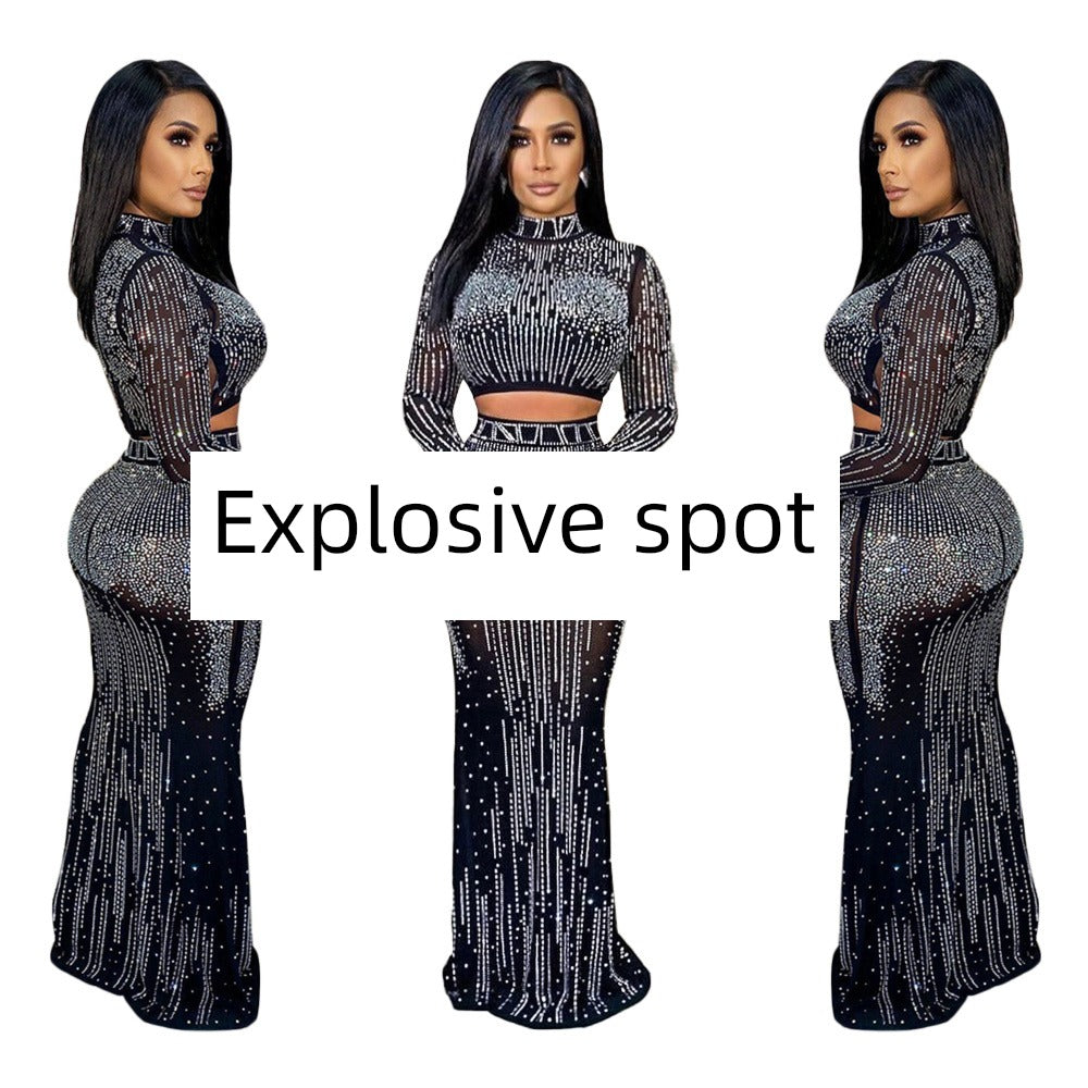 Sexy Mesh Long Sleeve Rhinestone Dress Two Pieces Dress New