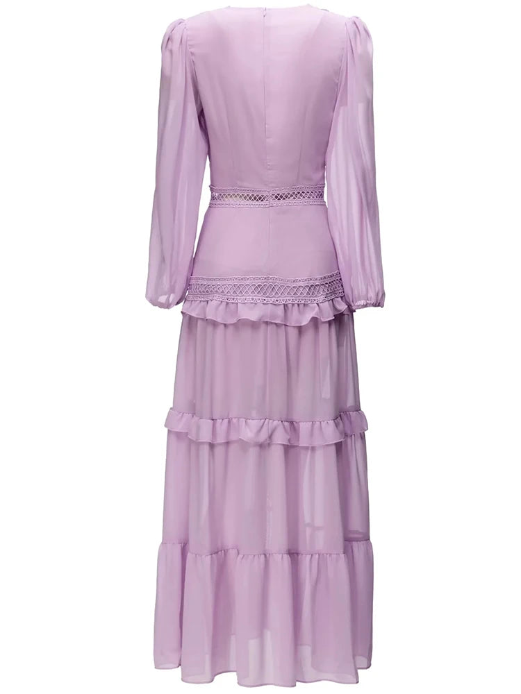Lavender  V-Neck Ruffle Solid Color Maxi Dress