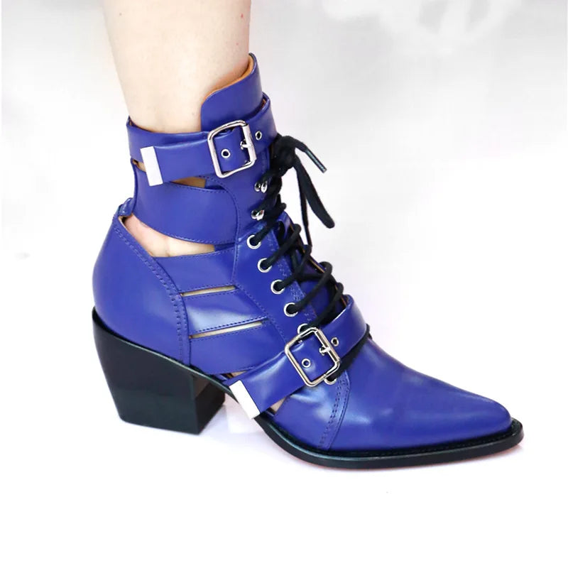 Retro Punk Leather Hollow Pointed Toe Belt Buckle Boots Women's Ankle Height Style
