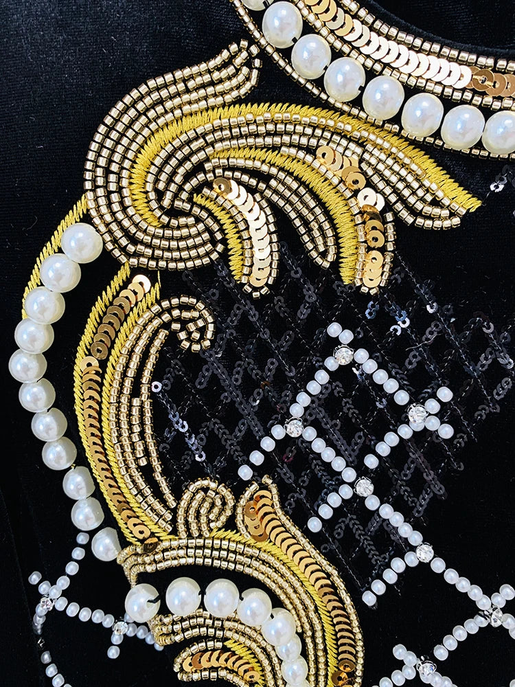 Stunning Sequined Pearls Beaded Velvet Dress