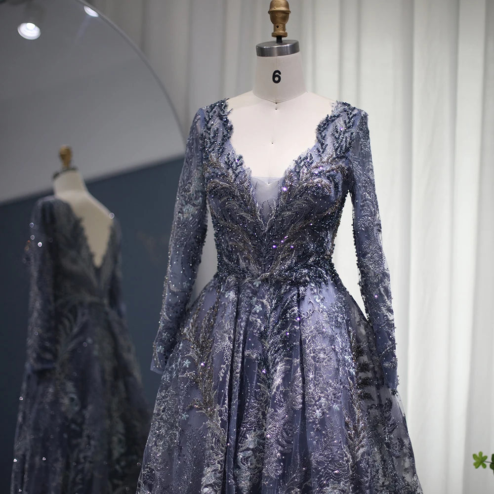 Elegant  Arabic V-Neck Luxury Crystal Evening Dress