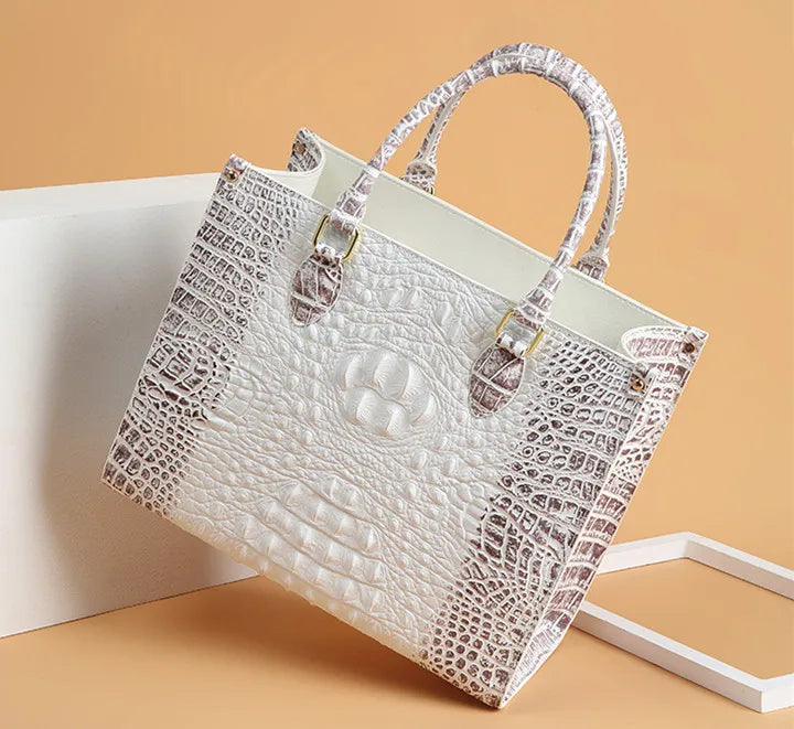 White Crocodile Embossed Leather Shoulder Tote