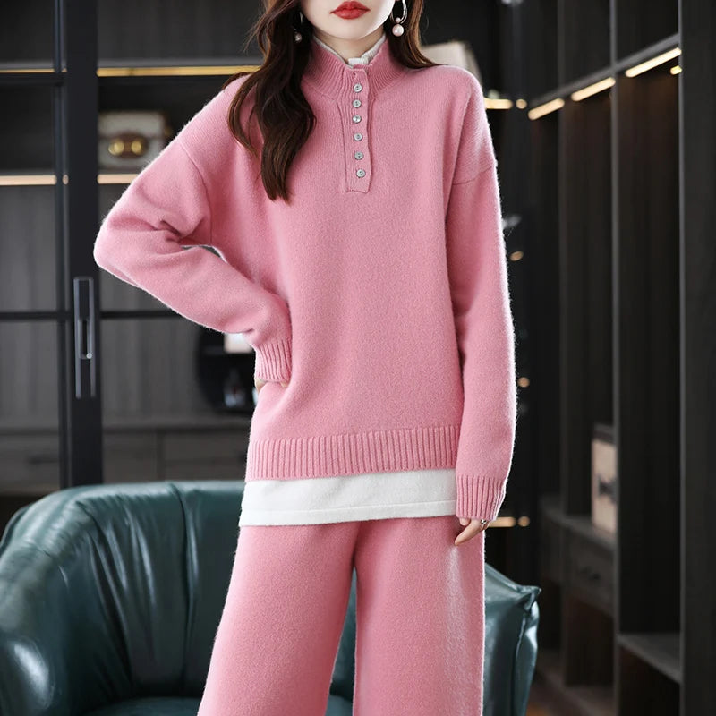 Pink Cashmere Pullover Wide Leg Pants Wool Suit