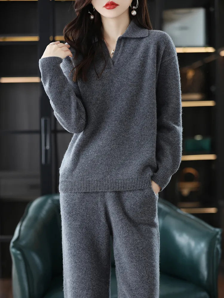 Cashmere Sweater Wide-Leg Pants Wool Knitted Two-Piece Suit