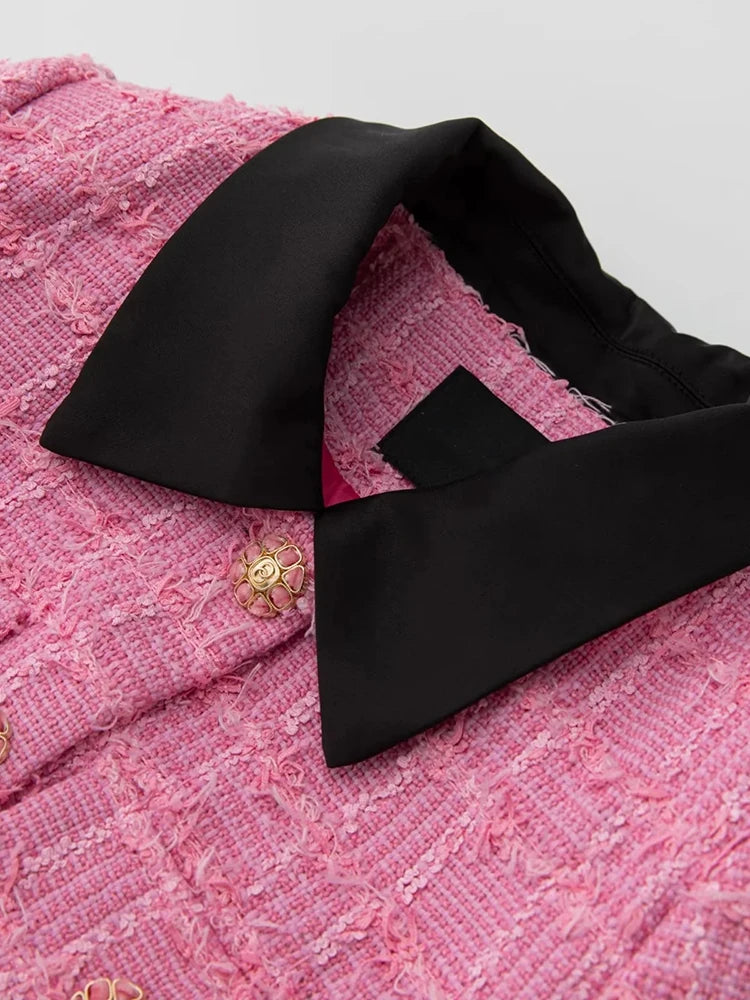 Pink Plaid Tweed Single Breasted Jacket+Pencil Midi Skirt Two-Piece Set