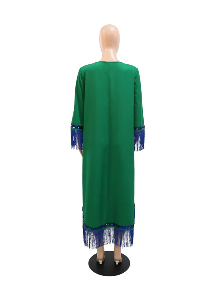 Green Sequin Splicing Tassel V-Neck Caftan Muslim Abaya
