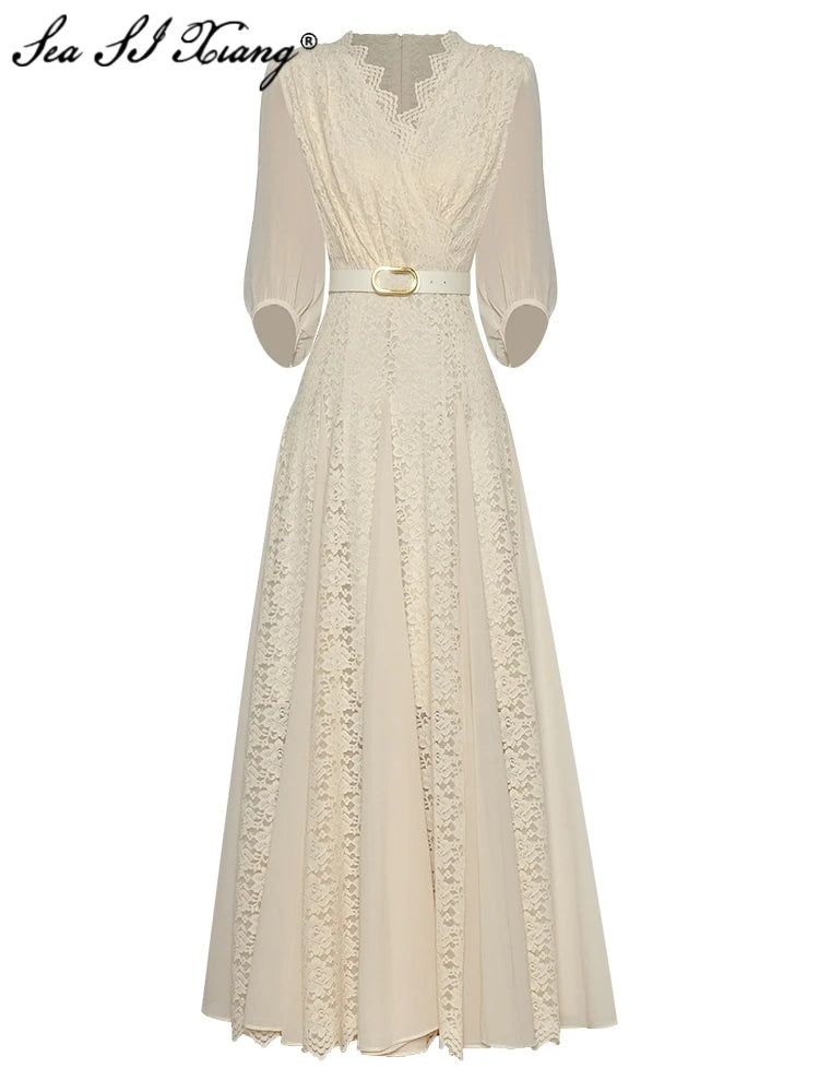 Lace Dress V-Neck Lantern Sleeve Belt Elegant Midi Dress