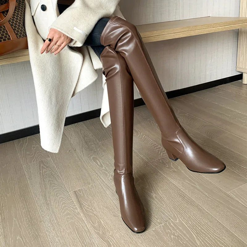 Over Knee Boots Genuine Leather Simple Square Boots Thigh Boots