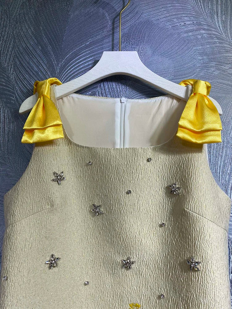 Gorgeous  Bow Beaded Print Sleeveless Tank Jacquard Mini Dress