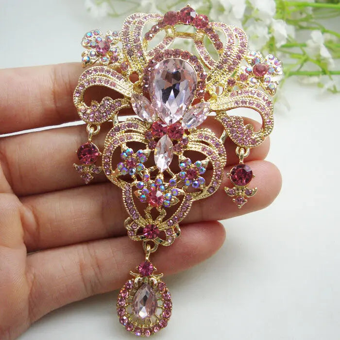 Pink Flower Drop Woman's Pendant Brooch Pin Rhinestone Crystal Gift