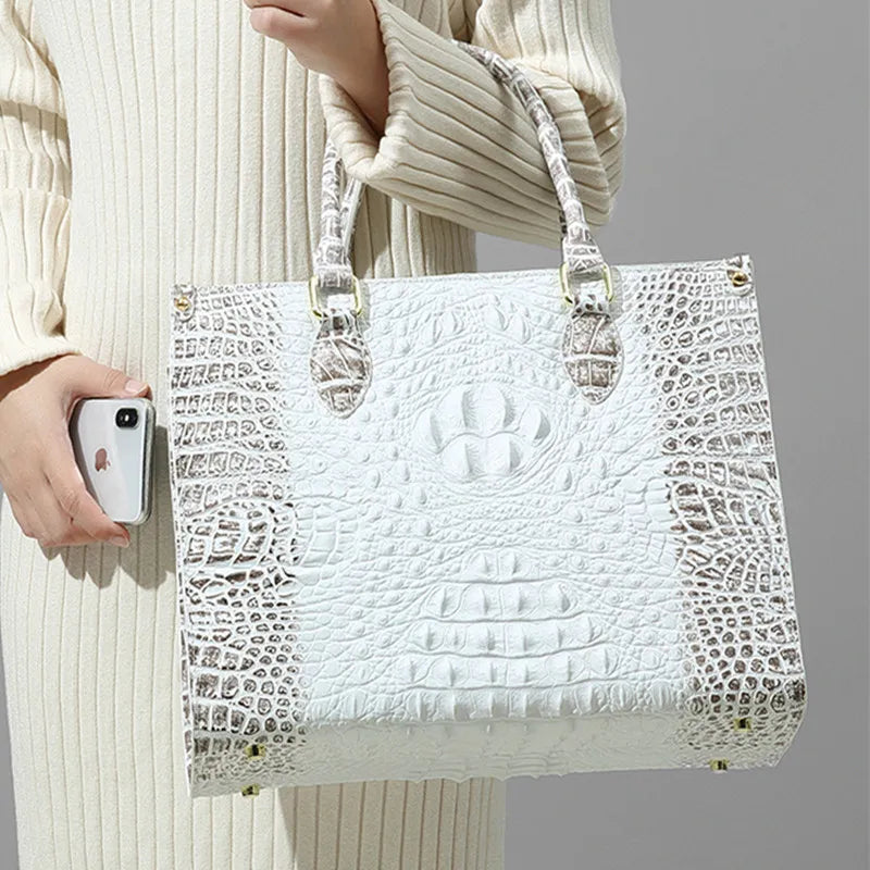 White Crocodile Embossed Leather Shoulder Tote