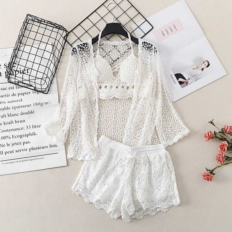 Three piece Set Crocheted Halter Vest + Thin Cardigan +High Waist Shorts Holiday Knit Clothes Suit