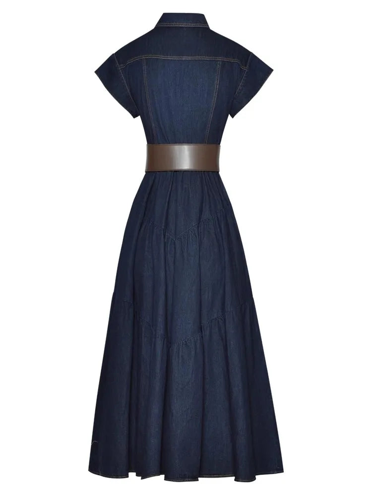 Blue Denim DShort Sleeve Single Breasted Pockets Sashes Maxi Dress