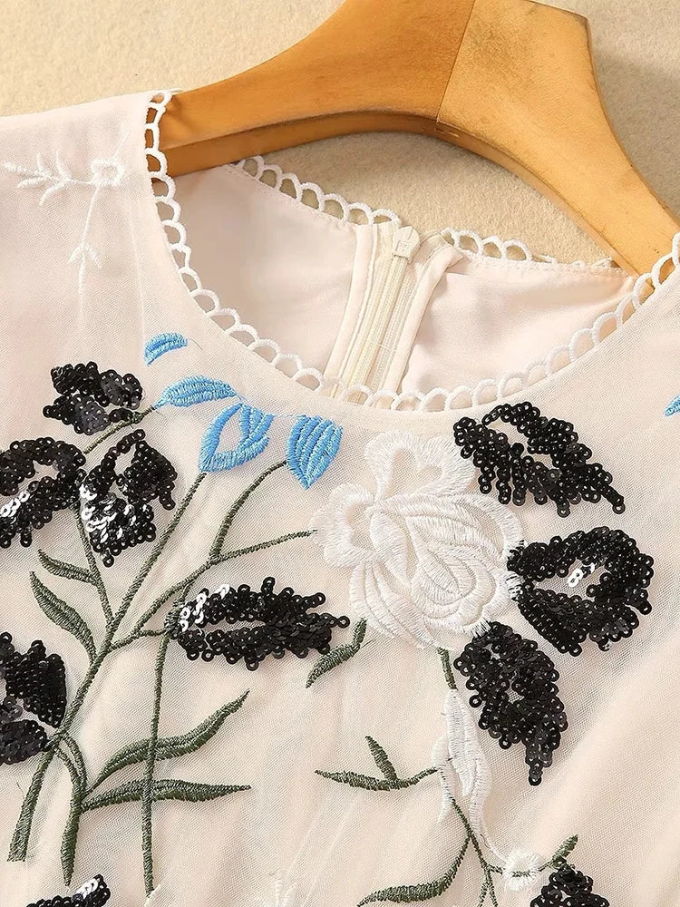 Floral Embroidery Round Neck Sleeveless Sequins Elegant Midi ress