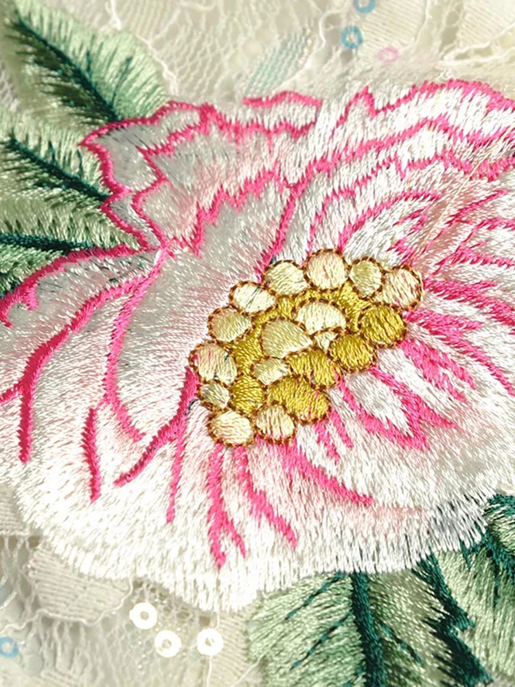 Short Sleeve Flower Embroidery Qipao Midi Dress