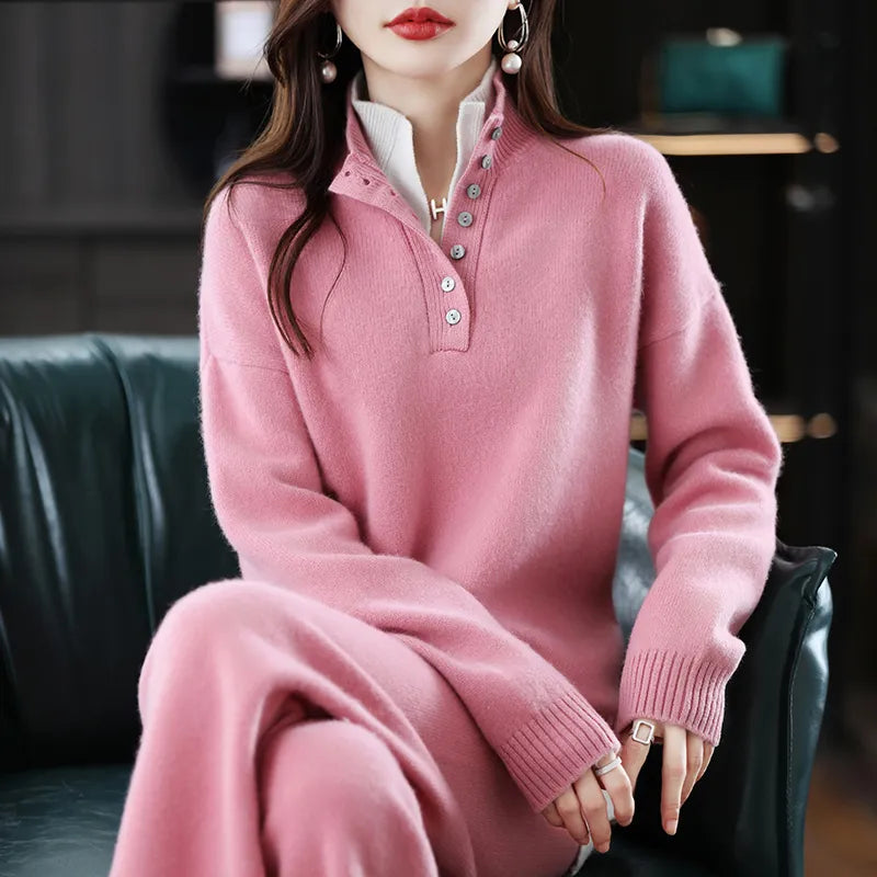 Pink Cashmere Pullover Wide Leg Pants Wool Suit