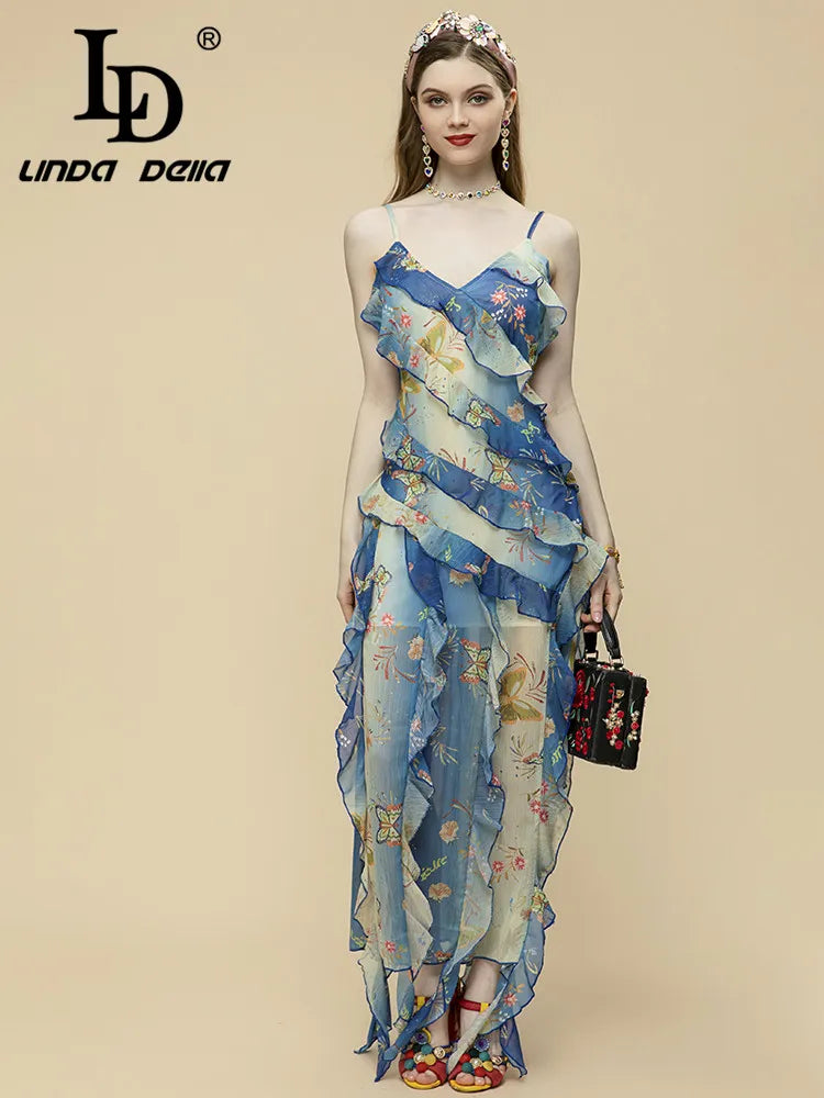 Casual Bohemian Summer V-neck Ruffles Spaghetti Strap Maxi Dress