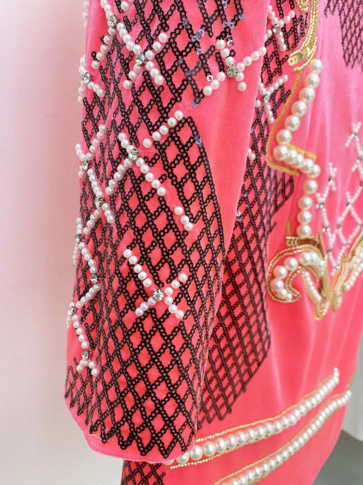Stunning Sequined Pearls Beaded Velvet Dress