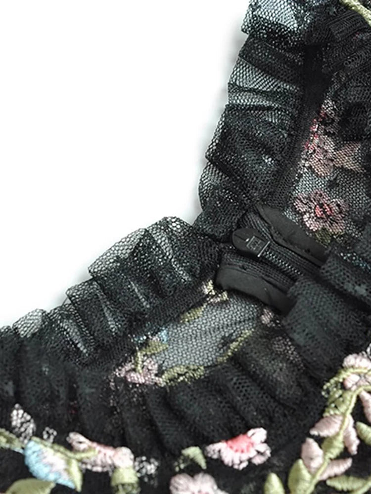 Floral Embroidery Black Vintage High Waist Midi Dress