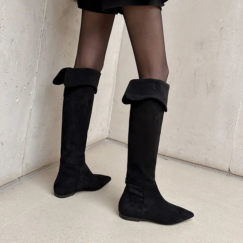 High-Quality Suede Pointed Wide Flat Bottom Boots