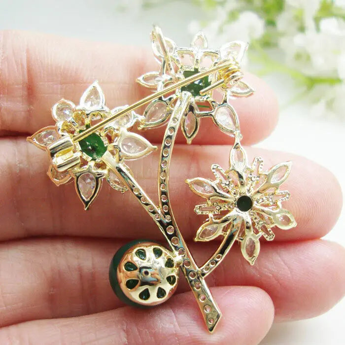 Elegant Green Zircon Crystal Flower Woman's Pendant Brooch Pin Corsage Gifts