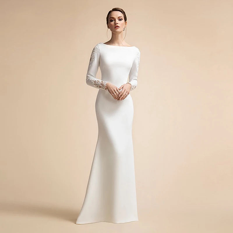 Simple Long Sleeves Ivory Muslim Mermaid Button Wedding Dress