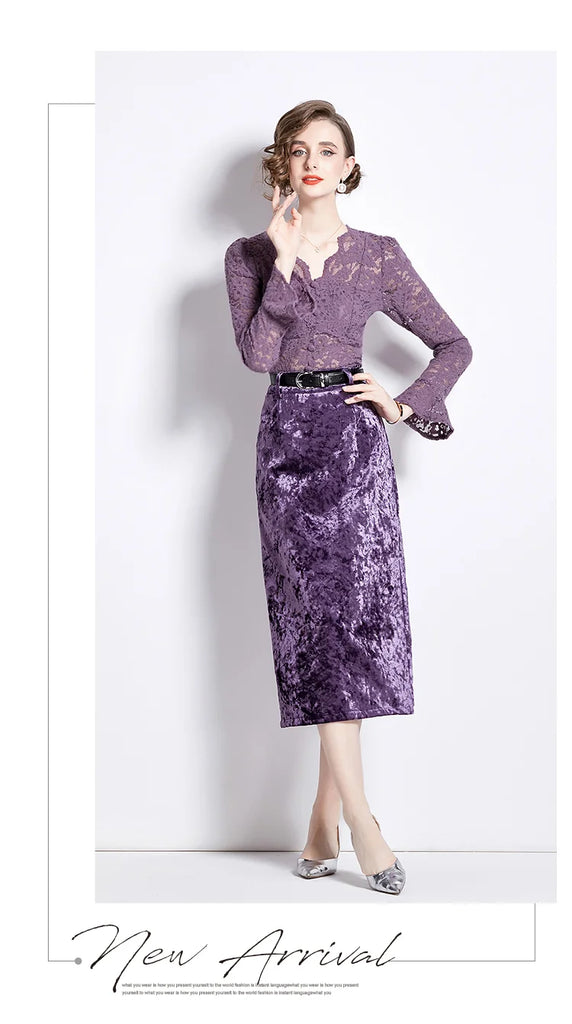 Elegant Lace & Velvet Dress Suit Set