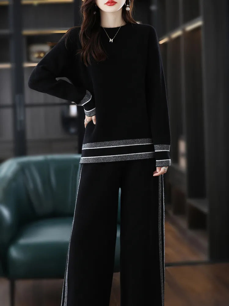 Winter Wool Knitted Two-Piece Thick Round Neck Sweater