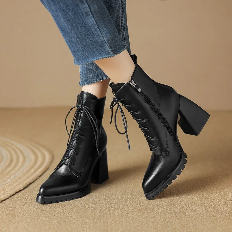Genuine Leather Pointed Toe Ankle Boots