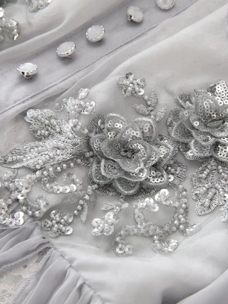 Vintage Gorgeous Diamond Flowers Embroidery Midi Dress