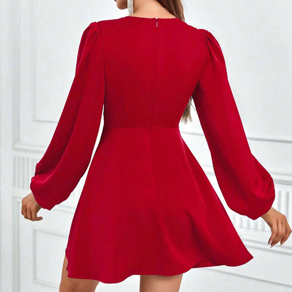 Red Hollow Out Waist Tied Bubble Sleeve Mini Dress
