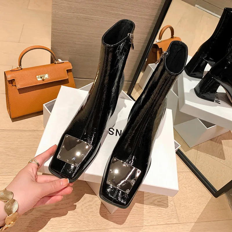 MKKHOU Fashion Short Boots Women New High Quality Real Leather Square Thick High Heel Leather Boots Daily Commuting Boots