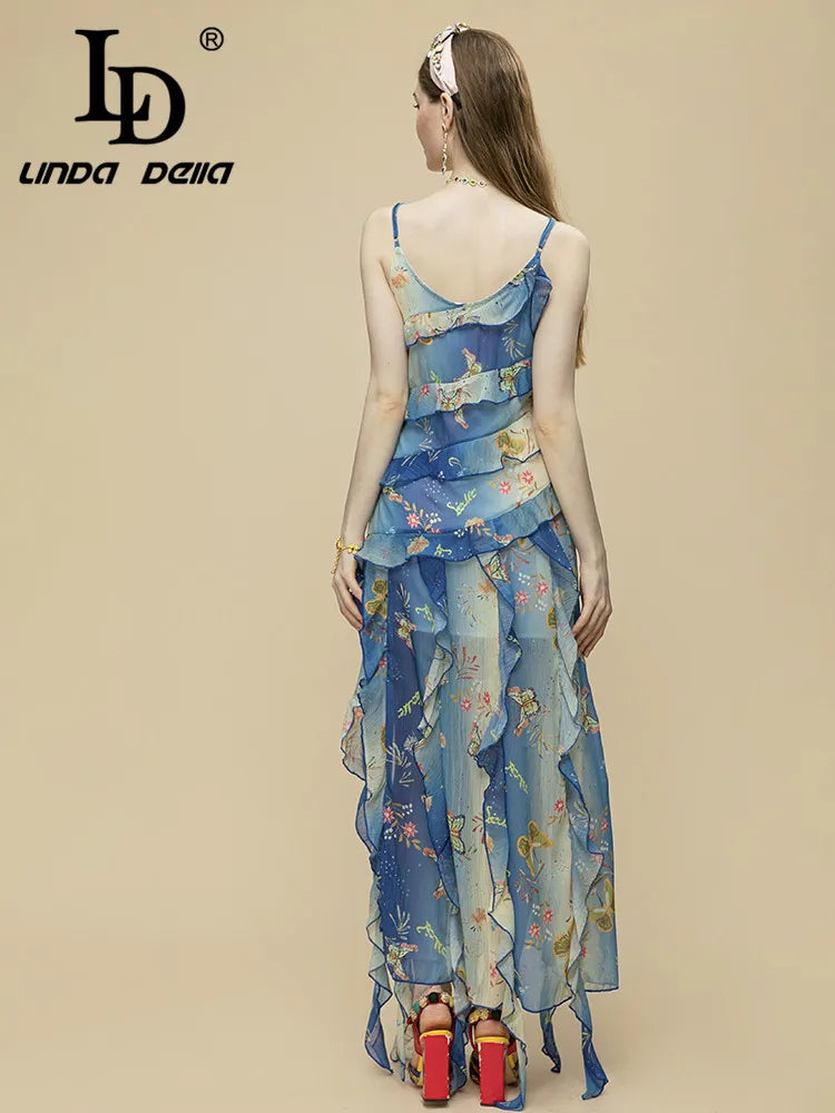 Casual Bohemian Summer V-neck Ruffles Spaghetti Strap Maxi Dress