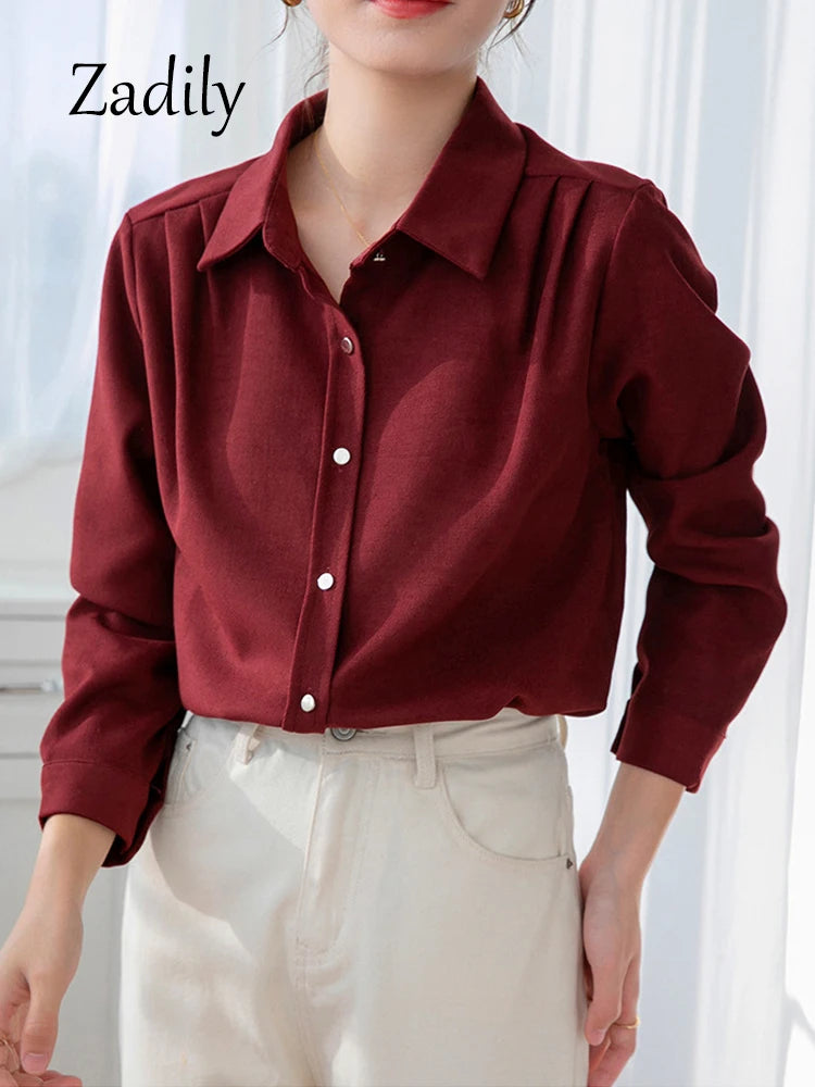 Basic Corduroy Red Button Up Blouse