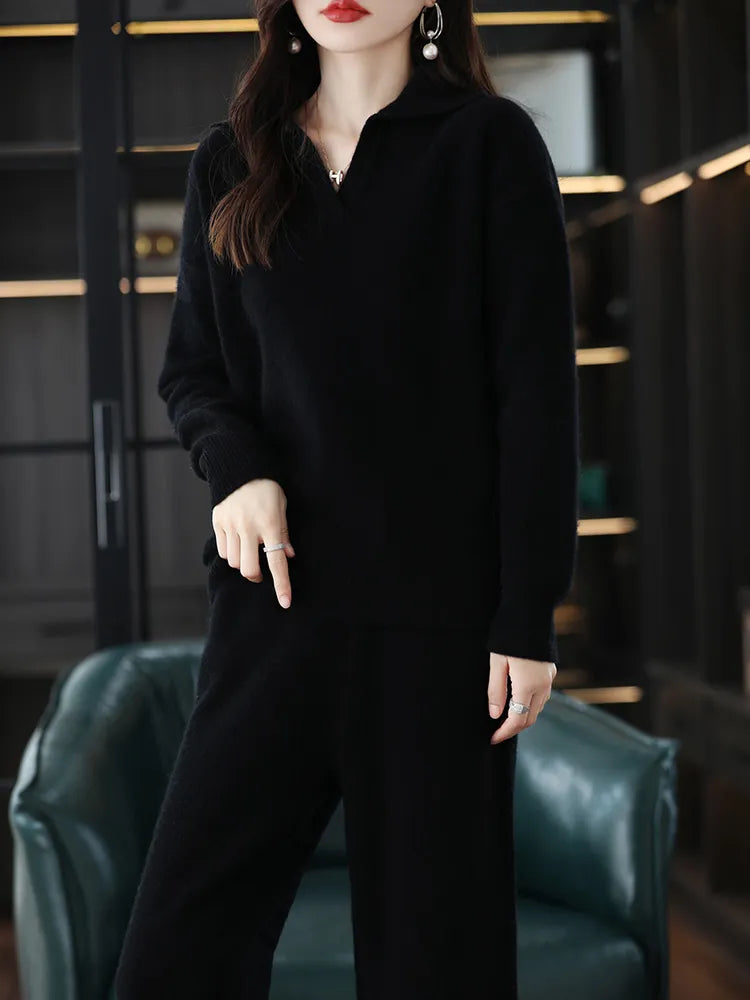 Cashmere Sweater Wide-Leg Pants Wool Knitted Two-Piece Suit