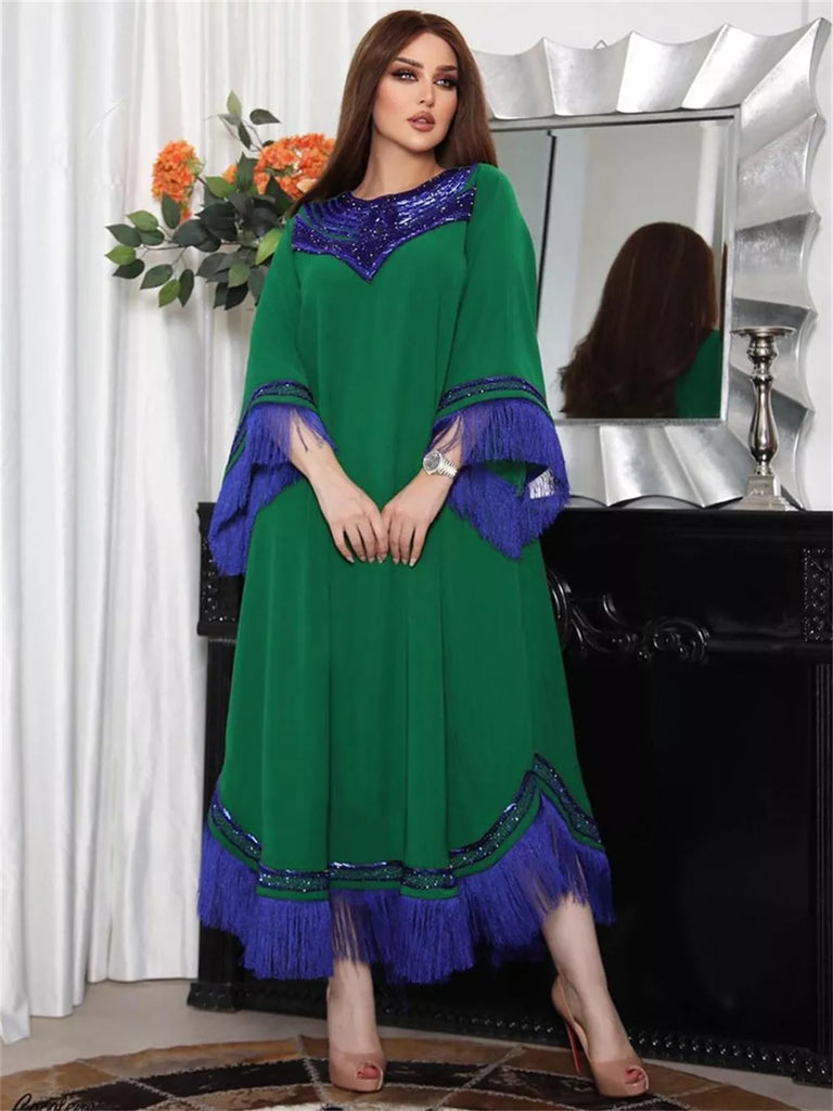 Green Sequin Splicing Tassel V-Neck Caftan Muslim Abaya