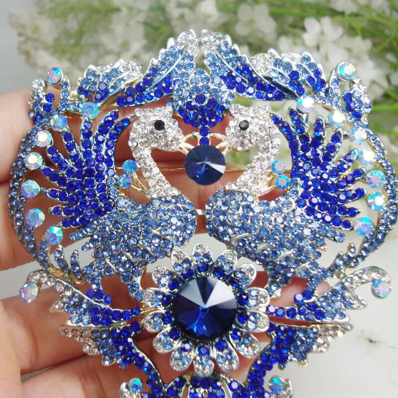 Vintage Blue Double Peacock Wings Animal Sunflower Crystal Woman's Brooch Pin