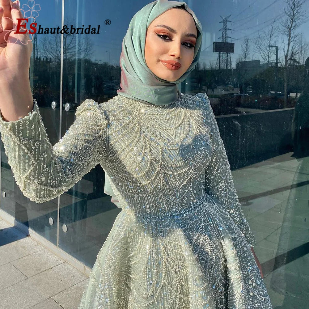 Elegant Dubai  High Neck Long Sleeves Aline Ankle Length Formal Dress