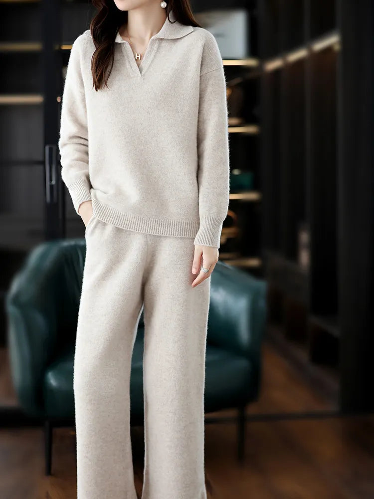 Cashmere Sweater Wide-Leg Pants Wool Knitted Two-Piece Suit