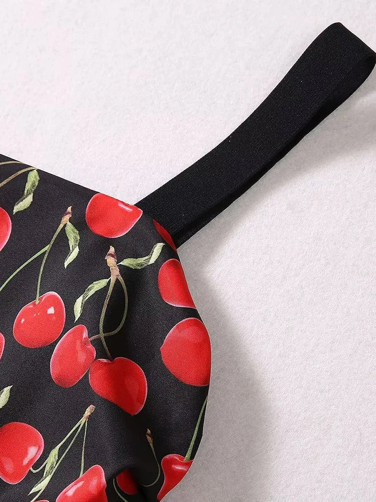 Backless Spaghetti Strap Sleeveless Cherry Print Midi Dress