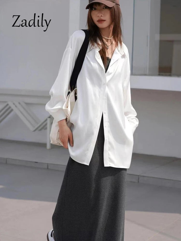 Satin White Button Up Long Sleeve Blouse