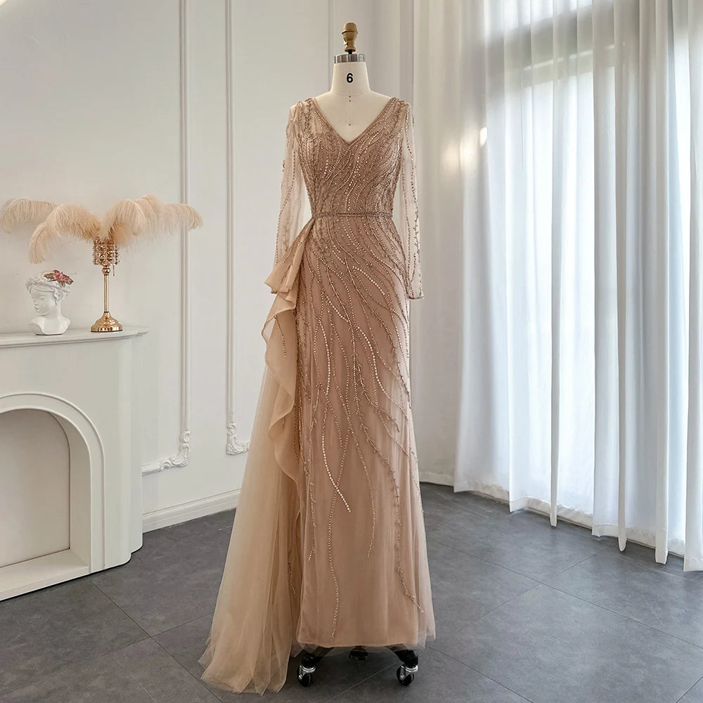 Elegant International Sequins Floor-Length V-neck Long Sleeves Belt Zipper Evening Dress