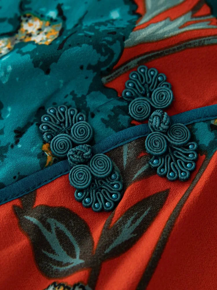 Square Collar Flowers Print  Chinese Style Midi Dress