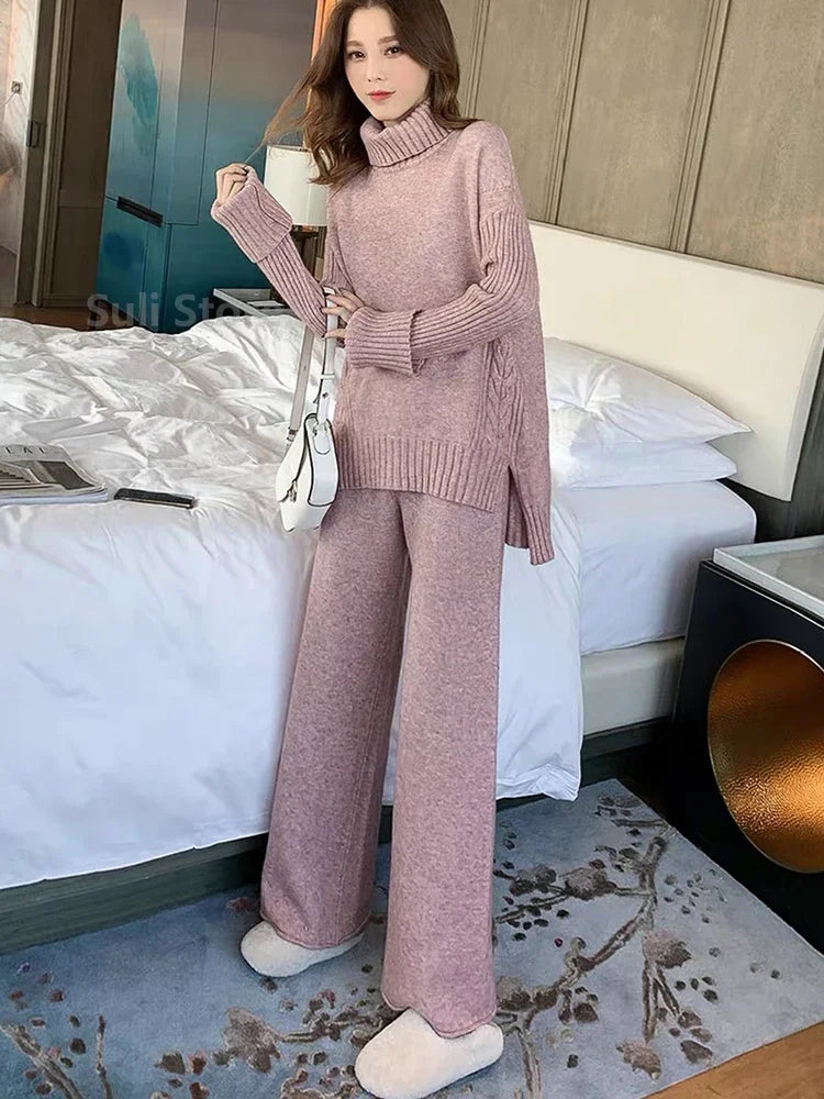 Winter Knitted Suits 2 Piece Set Solid Turtleneck Sweater + Loose Pants