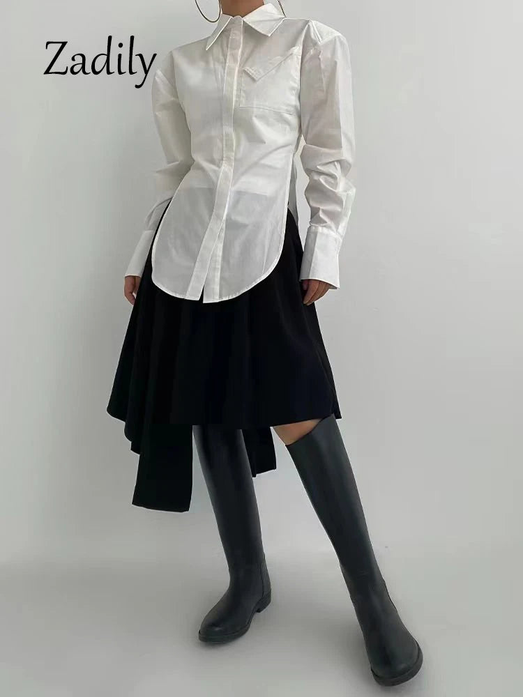 White Minimalist Pocket Button-Up Ladies Tunic Blouse