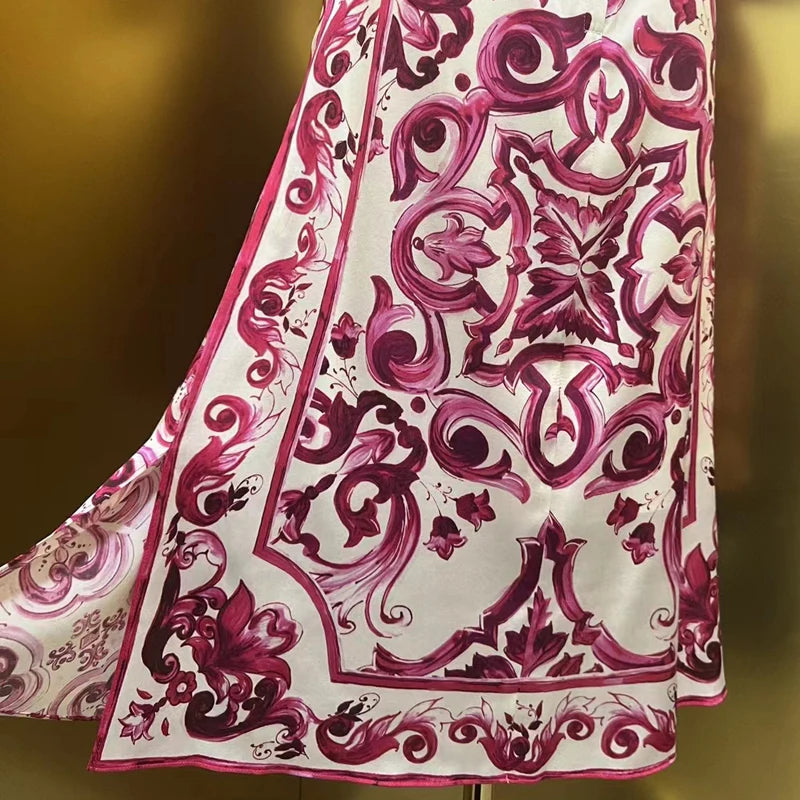 Pink Silk O-Neck Short Sleeve Flowers Print Vintage Party Midi Dress