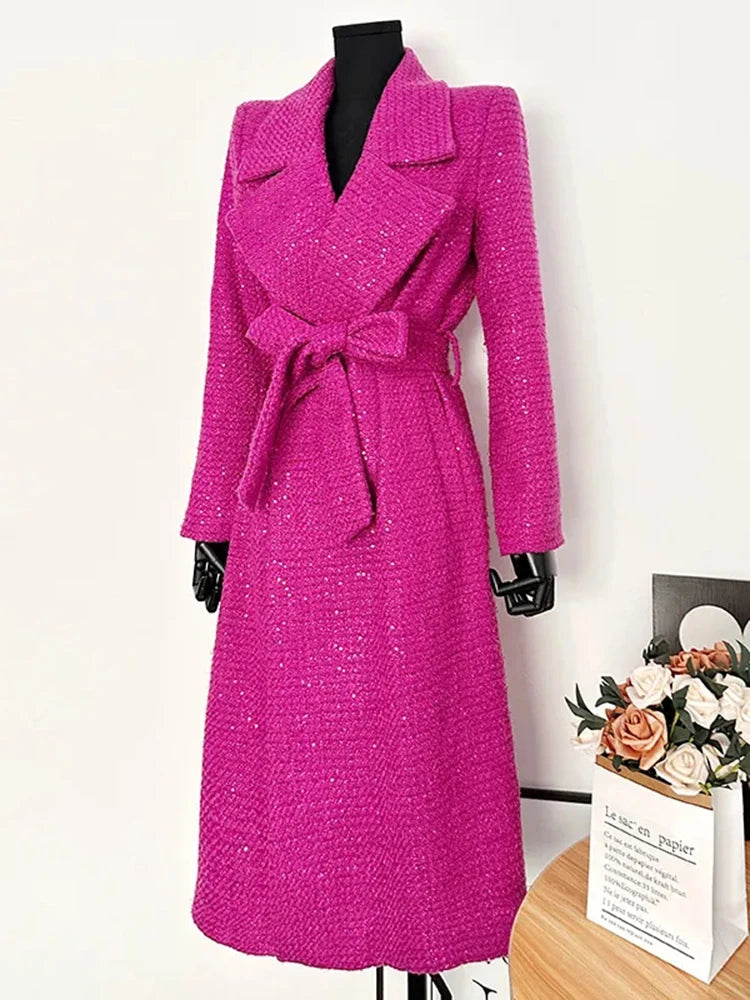 Purple French Tweed Coat With Belt