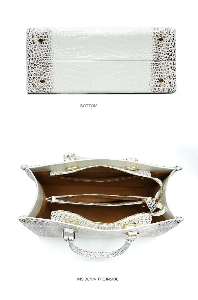 White Crocodile Embossed Leather Shoulder Tote